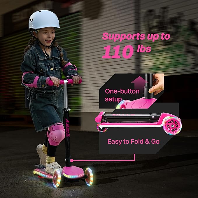 ZIFFY Kids Scooter for Boys & Girls LED Light-Up Wheels, 4 Adjustable Height Handlebars, and Lean-to-Steer Design with Anti-Slip Wide Deck for Stability - Up to 110LBS