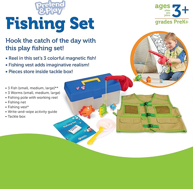 Learning Resources Pretend & Play Fishing Set - 11 Pieces, Ages 3+ Toddler Pretend Play Toys, Preschool Learning Toys, Fishing Pole for Kids, Fisherman Costume