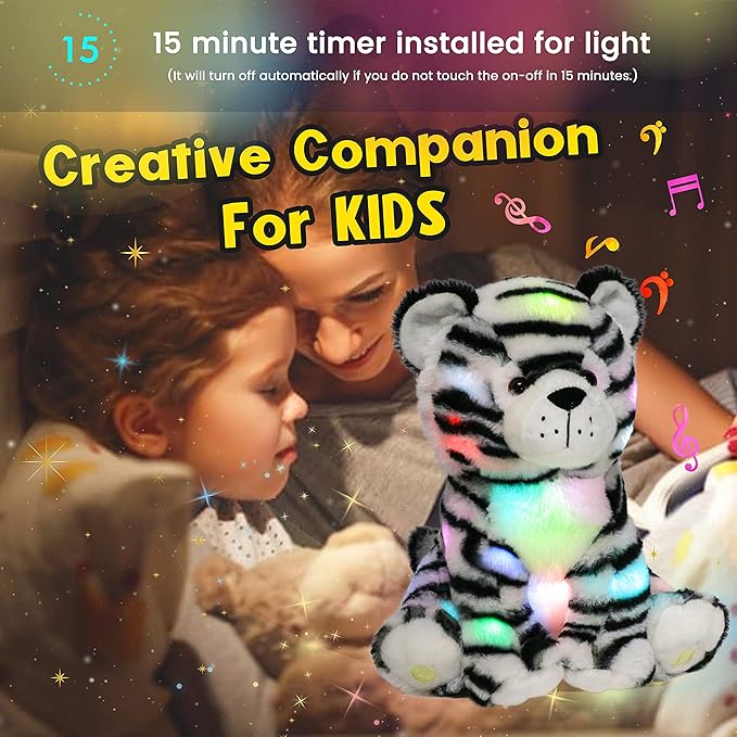 Hopearl LED Musical Stuffed Tiger Lighting Up Singing Plush Toy Adjustable Volume Lullaby Animated Soothe Birthday Festival for Kids Boys Girls, 11''