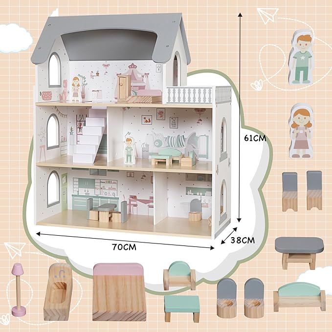 Wooden Dream Playhouse with Balcony, Doll House for Kids with Furniture, DIY Pretend Dolls Play House Toy, Girls Dollhouses Toys with 12 PCS Accessories, Birthday Gifts for Boys & Girls Ages 3+