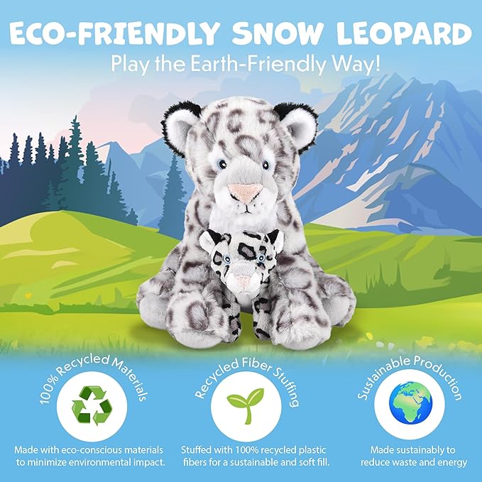 Mom and Baby Stuffed Animals for Boys & Girls, Safari Baby Shower Decorations, Nursery Decor, Zoo Animals for Toddlers, Quality Realistic Toys for Kids, Cute, Soft, Huggable (9.5" Snow Leopard)