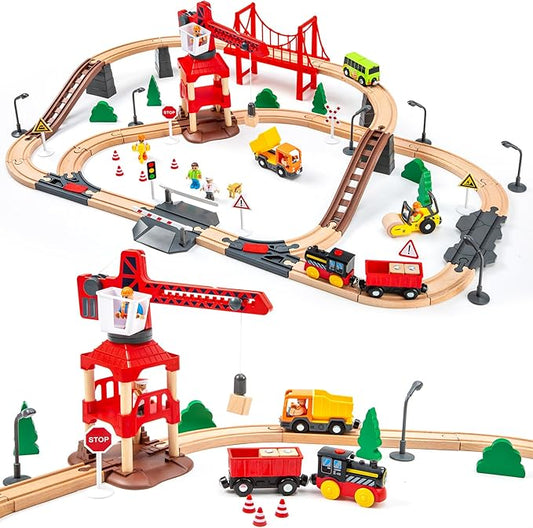 86pcs Wooden Train Set with Crane, Wooden Train Track Set Railway Kits Fits Thomas Brio IKEA Melissa and Doug, Christmas Train Toys for Kids & Toddlers 3-5 Years Old Boys and Girls