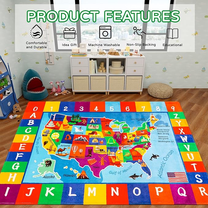 USA Map ABC Kid Rug 39.4" ร 63" for Playroom Geography Classroom Rug Educational Baby Playmat Alphabet Mat for Primary School Fluffy Ployester Non-Slip Preschool Carpet for Nursery Room