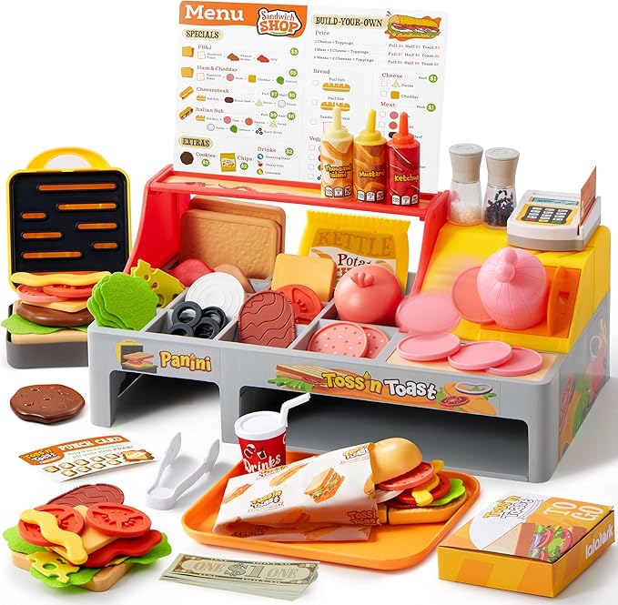 Pretend and Play Food Toy for Kids Toddlers, Play Kitchen Accessories Include Sandwich Maker Toy with Slicer for Ham, Menu and Ingredients, Play Restaurant Food Toy for Girls Birthday Gift
