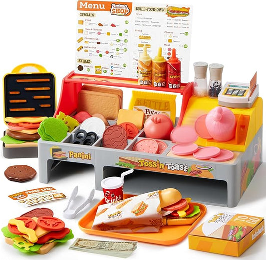 Pretend and Play Food Toy for Kids Toddlers, Play Kitchen Accessories Include Sandwich Maker Toy with Slicer for Ham, Menu and Ingredients, Play Restaurant Food Toy for Girls Birthday Gift