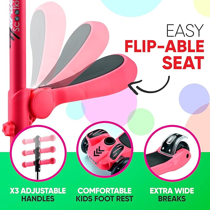 Hurtle 3-Wheeled Scooter for Kids - Wheel LED Lights, Adjustable Lean-to-Steer Handlebar, and Foldable Seat - Sit or Stand Ride with Brake for Boys and Girls Ages 1-14 Years Old