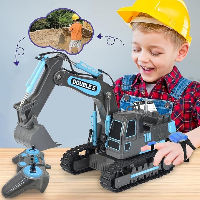 DOUBLE E Remote Control Excavator Toy RC Excavators Rechargeable Battery Digger Hydraulic Construction Toys Vehicles Xmas Gift for Boys Girls Kids 3-14 Years,Gray-Blue