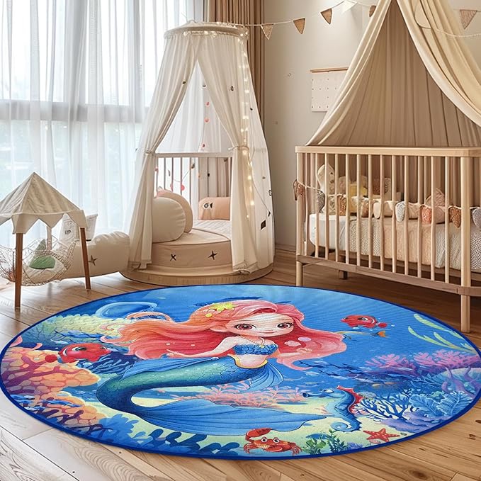 Round Rug for Kids Room Mermaid Rugs for Bedroom Kids Rugs for Playroom Girls Cute Cartoon Carpet Living Room Dining Room Decor 47x47 inch
