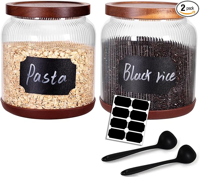 SAIOOL 2-Pack Striped Borosilicate Glass Airtight Canisters - Big mouth Large Capacity, Acacia Wood Lid, Food Storage Jars for Flour, Pasta, Pantry Organization (1/2 Gallon (Striped 2 pack))