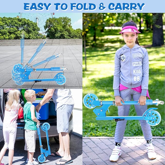 Scooter for Kids Ages 3-12 - Kids Kick Scooters with Led Light Up Wheels & 3 Levels Adjustable Handlebar, Lightweight Foldable 2 Wheel Girly Pink Scooter Christmas Birthday for Girls Boys.