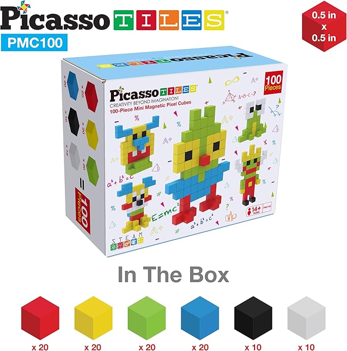 PicassoTiles 0.5” Pixel Magnetic Puzzle Cube 100 Piece Mix & Match Cubes Sensory Toys STEAM Education Learning Building Block Magnets Children Construction Toy Set Stacking Magnet Creative Kit PMC100