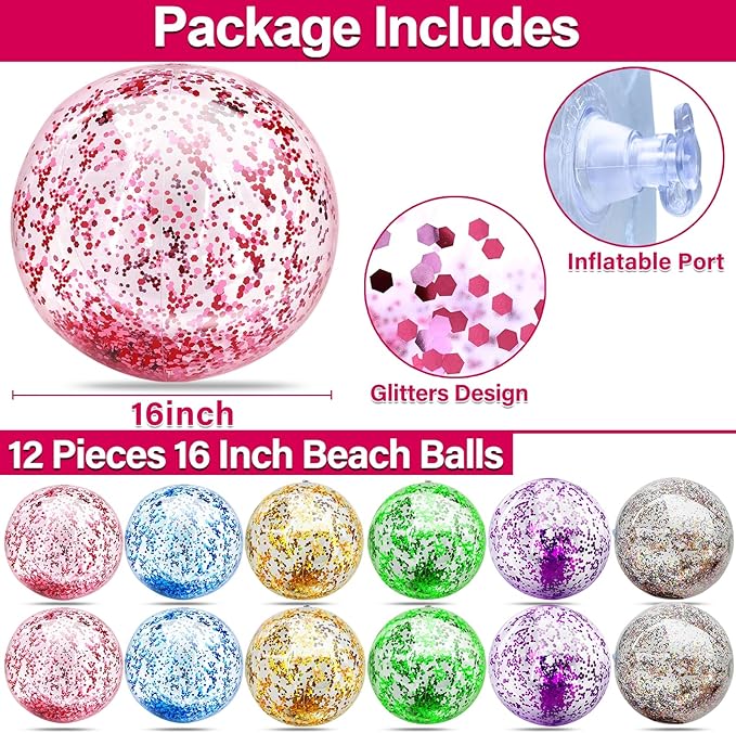 12 Pack Inflatable Beach Balls Bulk 16" Glitters Pool Toys Balls for Pool, Beach, Summer Pool Party - Swimming Pool Game Water Beach Toys Kid Party Favor Summer Decoration Essential Blow Up Beach Ball