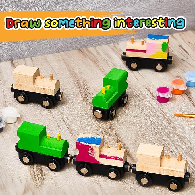 30 Pcs Unfinished DIY Wooden Trains Unpainted Train Cars Toys for Railway Paint Project, Birthday Party Theme Decorations Crafts Supplies(Classic)
