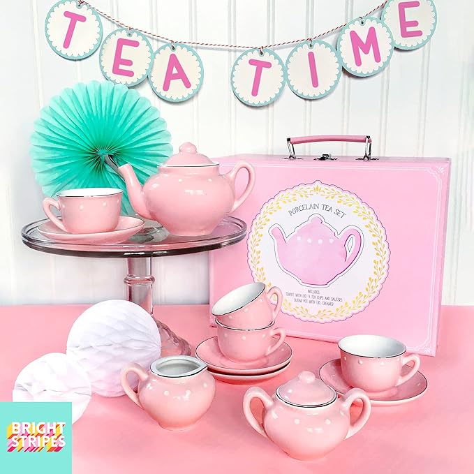Bright Stripes Porcelain Tea Set for Kids - Premium Quality Pretend Play Set - 4 Tea Cups, 4 Saucers, Tea Pot, Sugar Pot, Creamer - Ideal Kids Tea Sets for Girls