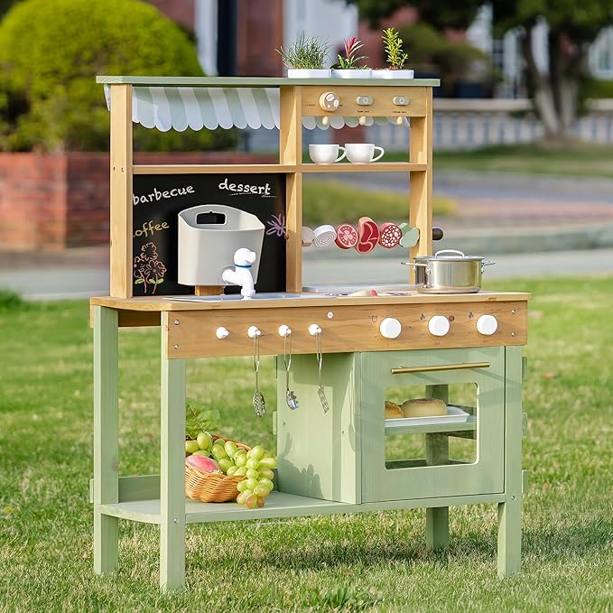 ROBUD Mud Kitchen for Kids Outdoor, Solid Wood Outdoor Play Kitchen, Green Kids Mud Kitchen with Barbecue Grill, Removable Sink & Faucet, Monteeori Toys for Children Ages 3+, WH003