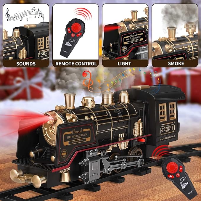 JUQU Train Set - Electric Train Set w/Remote Control, Smoke, Light, Whistle, Toy Train Set for Under Christmas Tree w/Track, Toddler Model Trains for 3 4 5 6 7 8+ Years Old Boys Christmas Toys Gift