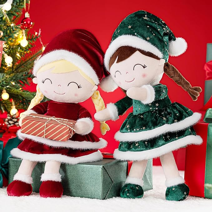 Gloveleya Soft Plush Doll Christmas Girl Dolls with Green Dress, Gift Box & Free Card - Perfect Holiday or Birthday Gift for Toddlers 2-8 Ages, 16"