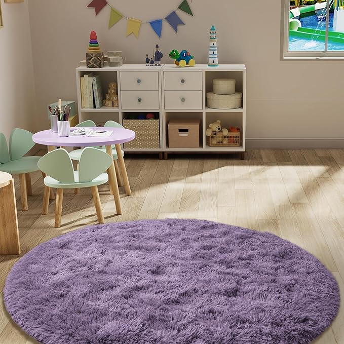 LOCHAS Luxury Round Fluffy Area Rugs for Bedroom Kids Girls Room Nursery, Super Soft Circle Rug, Cute Shaggy Carpet for Children Living Room, 5x5 Feet Grey Purple