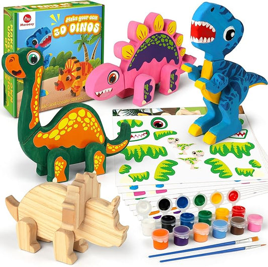 Mocoosy Wooden Dinosaur Painting Art Craft Kit for Kids 3-5, Wood Take Apart Dinosaur Snap Together Building Toy,Build Your Own Dinosaurs with Paint and Stickers STEM Game Creative Gift for Boys Girls