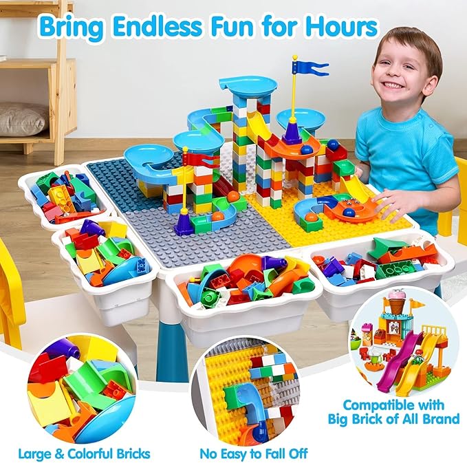 Kids Activity Table Toddlers Kids Table and Chair Set with 152Pcs Large Marble Run Building Blocks All in One Kids Play Water Tables Sand Tables, STEM Toys for Boys Girls 3 4 5 6 Year Old