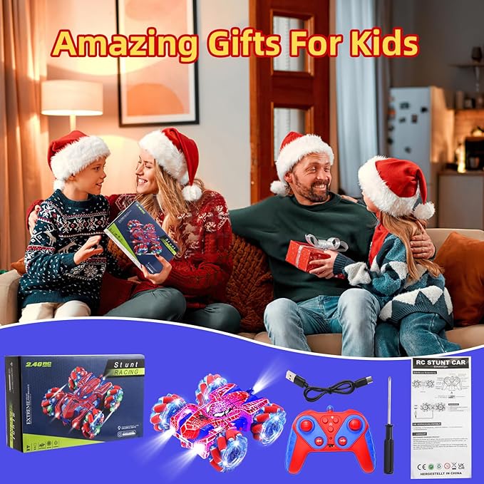 Spider Remote Control Car with WholeBody Colorful Light, 2.4Ghz RC Stunt Cars Toys, Double Sided Off-Road 360° Rotating,Rechargeable 4WD RC Drift Car Spider Toys for Boys Kids 4-6 5-7 8-12