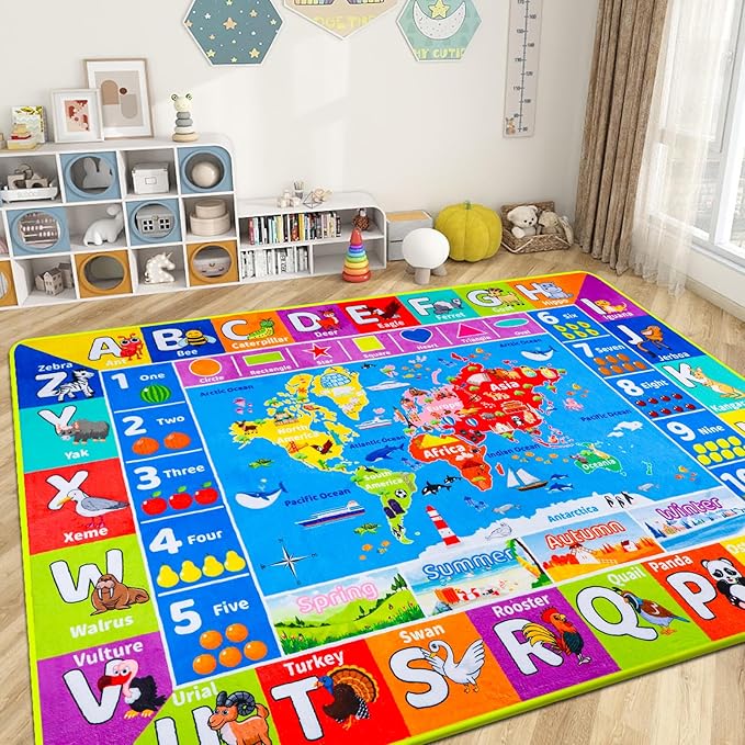 World Map ABC Kid Rug for Playroom 78.7"×59" Geography Classroom Play Rug Educational Baby Playmat Alphabet Mat for Primary School Fluffy Non-Slip Preschool Carpet Nursery Room Elementary Learning