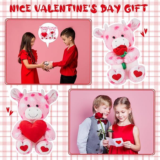Shappy 2 Sets Large Valentines Day Plush Stuffed Animal with Heart and Rose, Cute Stuffed Animal Toys, Valentine‘s Day Wedding Gifts for Boys Girls Couple Mom Girlfriend(Cow)