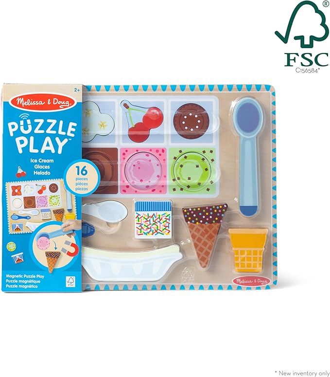 Melissa & Doug Ice Cream Wooden Magnetic Puzzle Play Set, 16 Magnet Pieces with Scooper, Wooden Play Food Toy for Boys and for Girls Ages 2+
