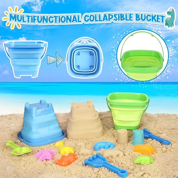 Beach Toys, 31Pcs Sand Toys with 2 Construction Vehicle and 2 Collapsible Beach Bucket, Sand Castle Building Kit, Sand Molds, Shovel Set, Mesh Bag, Summer Toys for Kids Ages 4-8