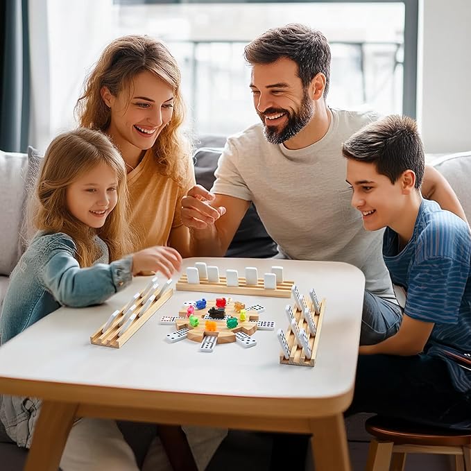 Mexican Train Double 12 Dominoes Set with 4 Wooden Trays/Racks in Portable Carrying Case Colorful 91 Tiles & 9 Trains Board Game for Family Game Night