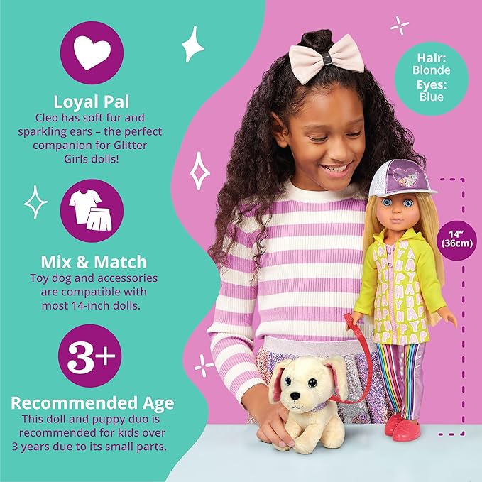 Glitter Girls – 14-inch Doll & Pet – Blue Eyes & Blonde Hair-Plush Golden Retriever Pup – 3 Years + – Lora & Cleo