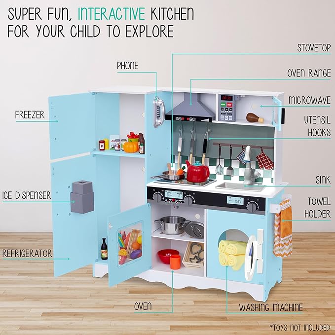 Lil’ Jumbl Kids Blue Kitchen Set, Pretend Wooden Play Kitchen, Battery Operated Icemaker, Microwave, Range Hood, Stove Top, Oven, with Realistic Sound & Lights, Pots, Pan, & Utensils Included
