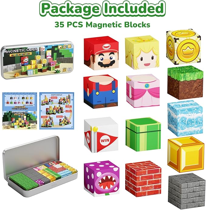 Mini Magnetic Blocks STEM Toys for Kids Ages 3-8, 35PCS Travel Building Set with Magnetic Storage Tin Box, Educational Construction Toys for Toddlers, Preschool Learning Birthday Gift for Boys & Girls