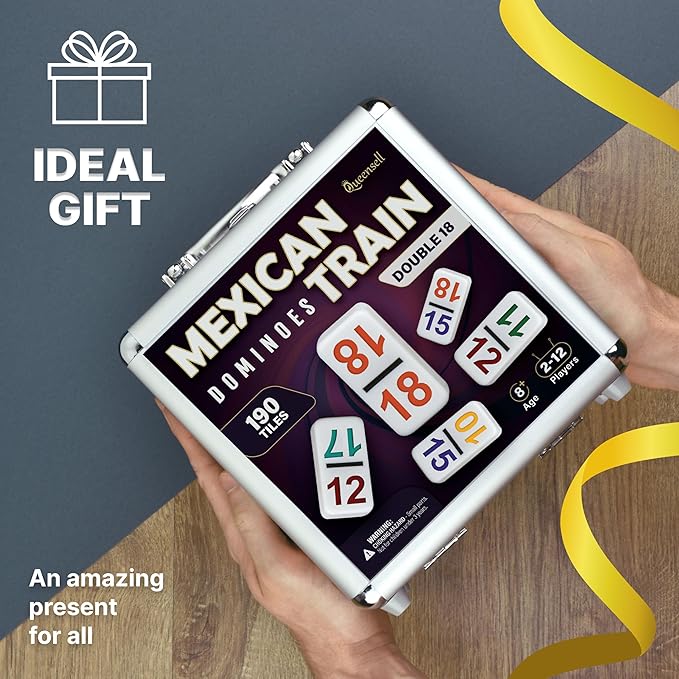 Queensell Mexican Train Dominoes Set with Numbers - Double 18 Dominos Set for Adults and Kids - Mexican Dominoes Train Game Night Games for Adults with Wooden Hub and Aluminum Case