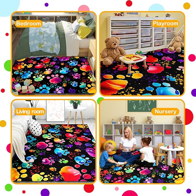 Paw Print Rug - Cute Colorful Dog Cat Paw Print Rugs Cartoon Animal Claw Carpet for Kids Bedroom Cute Animal Paw Themed Decorative Carpet for Playroom Soft Decor for Classroom,4'5''×6'