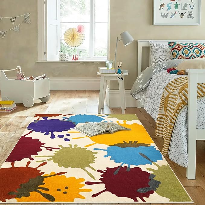 STARUIA Colorful Area Rug, 5'x7' Classroom Rug for Kids, Paint Splash Washable Rug for Playroom, Non-Slip Rainbow Nursery Rug Soft Living Room Carpet for Bedroom Dining Room Kids Room