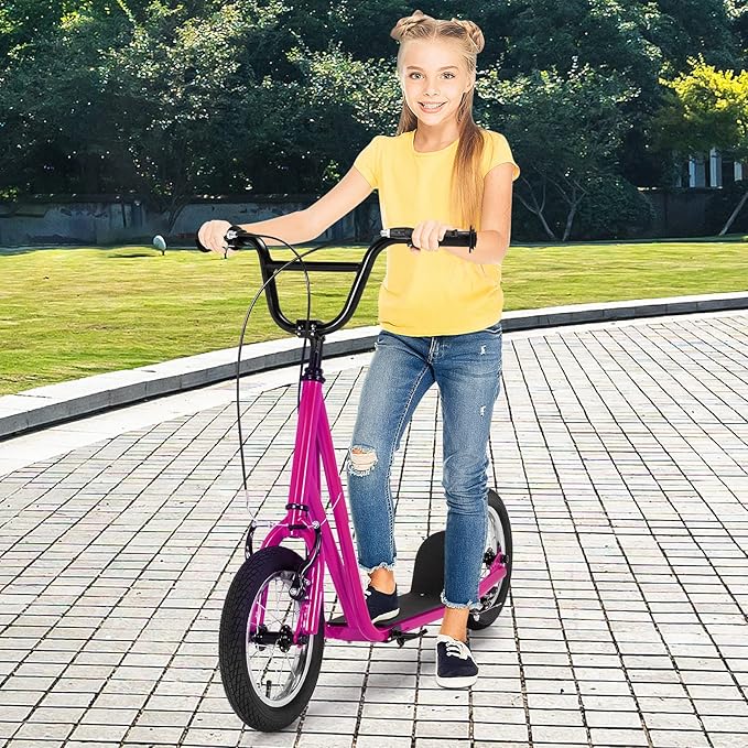 Goplus Youth Kick Scooter, Kids Kick Scooter W/ 12-Inch Air Filled Wheels, Carbon Steel Frame, Adjustable Handlebar, Front and Rear Dual Brakes, Ride On Toys for Adults Teens 8+