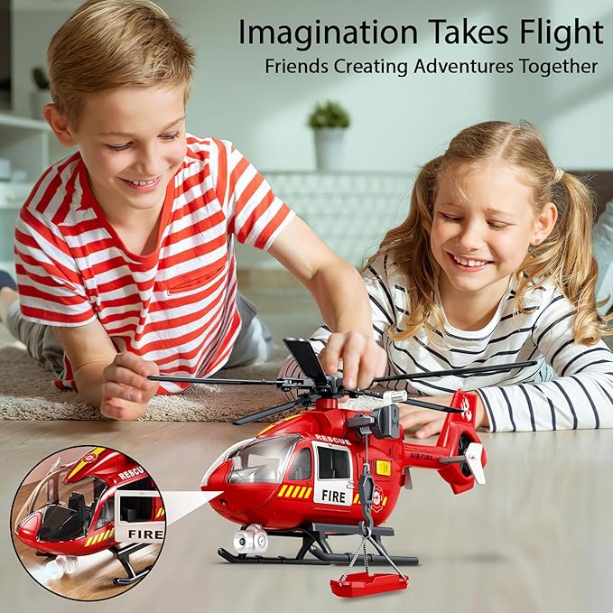 Wenbeier Fire Rescue Helicopter Toys for Boys with Hanging Basket Toy Airplane with Lights and Sound Firefighting Vehicles Toys for Kids Aged 3 4 5 6 7