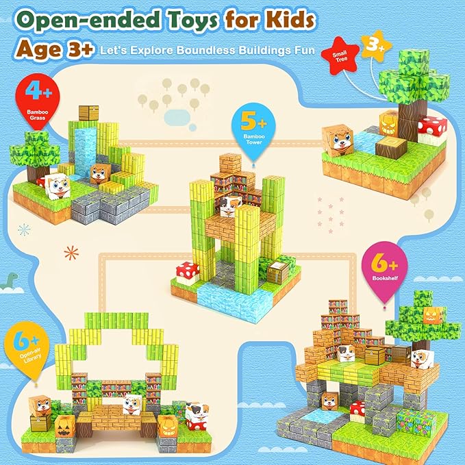 Large Magnetic Blocks 1" Building Cubes Toys for Kids Ages 4-6 5-7 8-12, Magworld Bamboo House Building Craft Construction Toy Set, Creative Sensory Toys Game Gift for 3+ Year Old Boys Girls