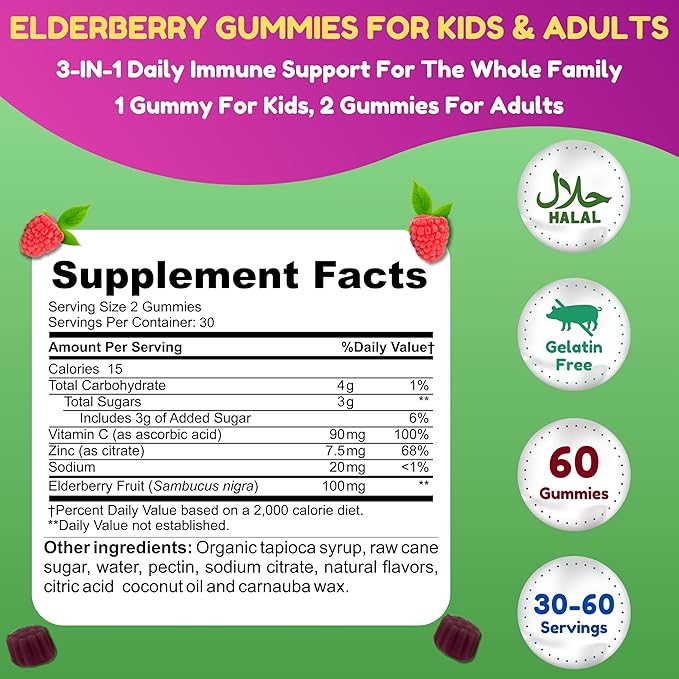Vegan Black Sambucus Elderberry Gummies | Non-GMO | 60 Gummies, 30 Serving w/ 100mg Elderberry, 90mg Vitamin C, 7.5mg Zinc | Immune Support, Antioxidant Flavonoids Halal Vitamins