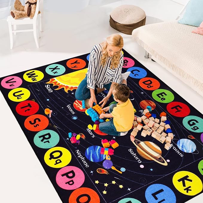 Kids Rug Outer Space Carpet for Playroom, ABC Educational Learning Area Rug, Non-Slip Solar System Road Play Play Rug for Kids Bedrooms, Classroom (Black, 110.2X78.7 INCH)