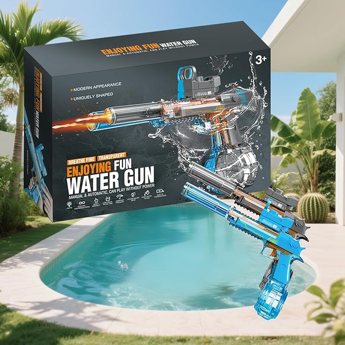 Electric Water Gun for Adults Kids, 2 Pack Automatic Squirt Watergun Pistol with Led Lights, Summer Outdoor Pool Beach Party Toys Black and Blue