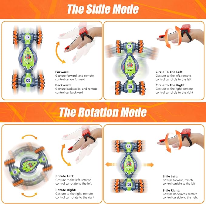 Rc Car Boys Toys 6-8 Years Old,Cool Birthday Gifts for Boys Ages 8-13 4WD Gesture Sensing Rc Stunt Car for Ages 5 7 9 10 Years Old Kids with Light and Music-Large Green