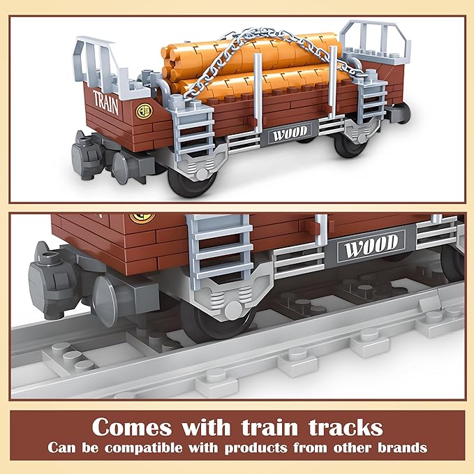 Finger Rock City Freight Train Car Building Toy Set, Classic Wooden Carriage Cargo Model, 150 Pcs MOC Construction Toys for Train Lovers, STEM Gifts for Boys & Girls 6-8+