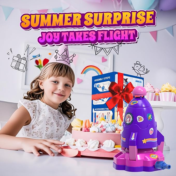 4-in-1 Water Sprinkler Baseball Toy for Kids, Outdoor Water Rocket Sprinkler Launch Toys for Yard, 4 Baseballs & Rocket Launcher Outside Lawn Pool Summer Game Gifts for Boys Girls Ages 3-8 8-12 (Pink)