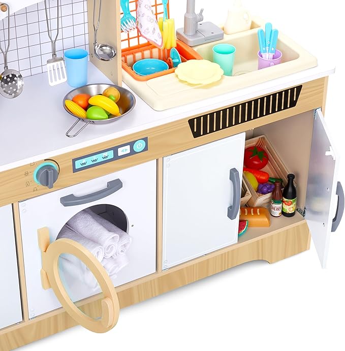 Lil' Jumbl Kids Wooden Natural Color Kitchen Set, Pretend Working Sink with Real Running Water, Includes Range Hood, Microwave & Stove Top, Realistic Sound & Light, Full Accessory Set Included