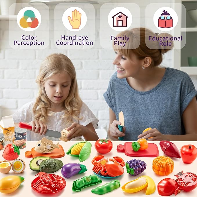 Pretend Play Food for Kids Kitchen - 78Pc Cutting Toy Food with Storage Bag, Food Toys with Veggies, Fruits, Fake Food with Pizza Toy, Pretend Food, Play Kitchen Accessories, Boys Girls Gift