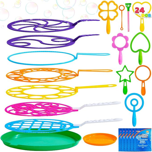 JOYIN Big Bubble Wands Set Bulk for Kids Summer Outdoor Activity Party Favors, 18 Pcs Giant Bubble Maker with Tray, 12" Large, 6 Pcs Solution Suitable for All Age People