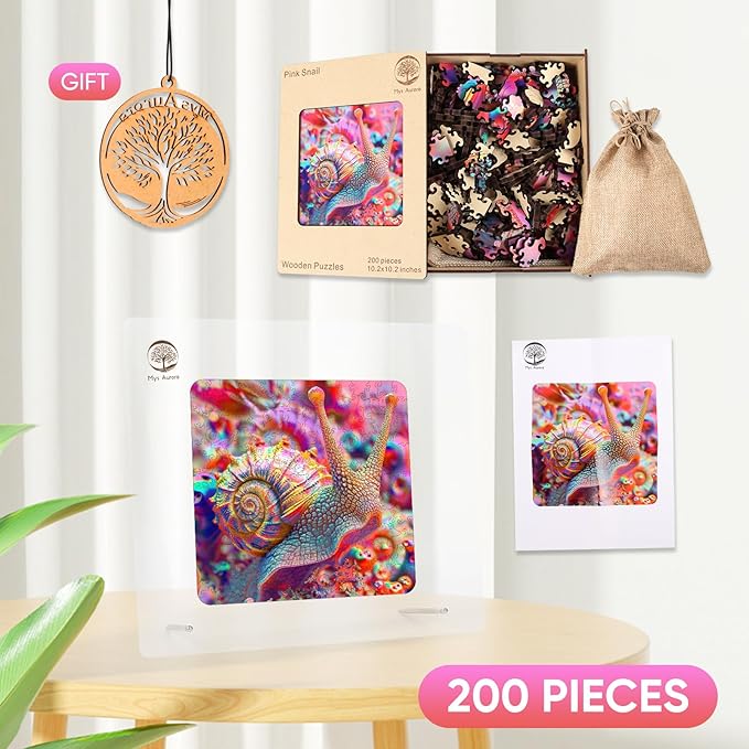 Wooden Jigsaw Puzzle for Adults and Kids Unique Shape Wood Colorful Beautiful Box Fun Challenge Brain Health Family Game Creative Gift for Friends Rompecabezas Madera(Pink Snail 200pcs)