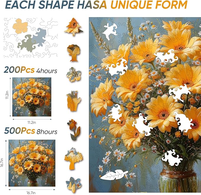 Flower Wooden Puzzles for Adults, 500 Pieces Chrysanthemum Wooden Jigsaw Puzzles, 16.7 in Wooden Puzzle Adult Creative Christmas Mother's Day Toy Gifts for Family
